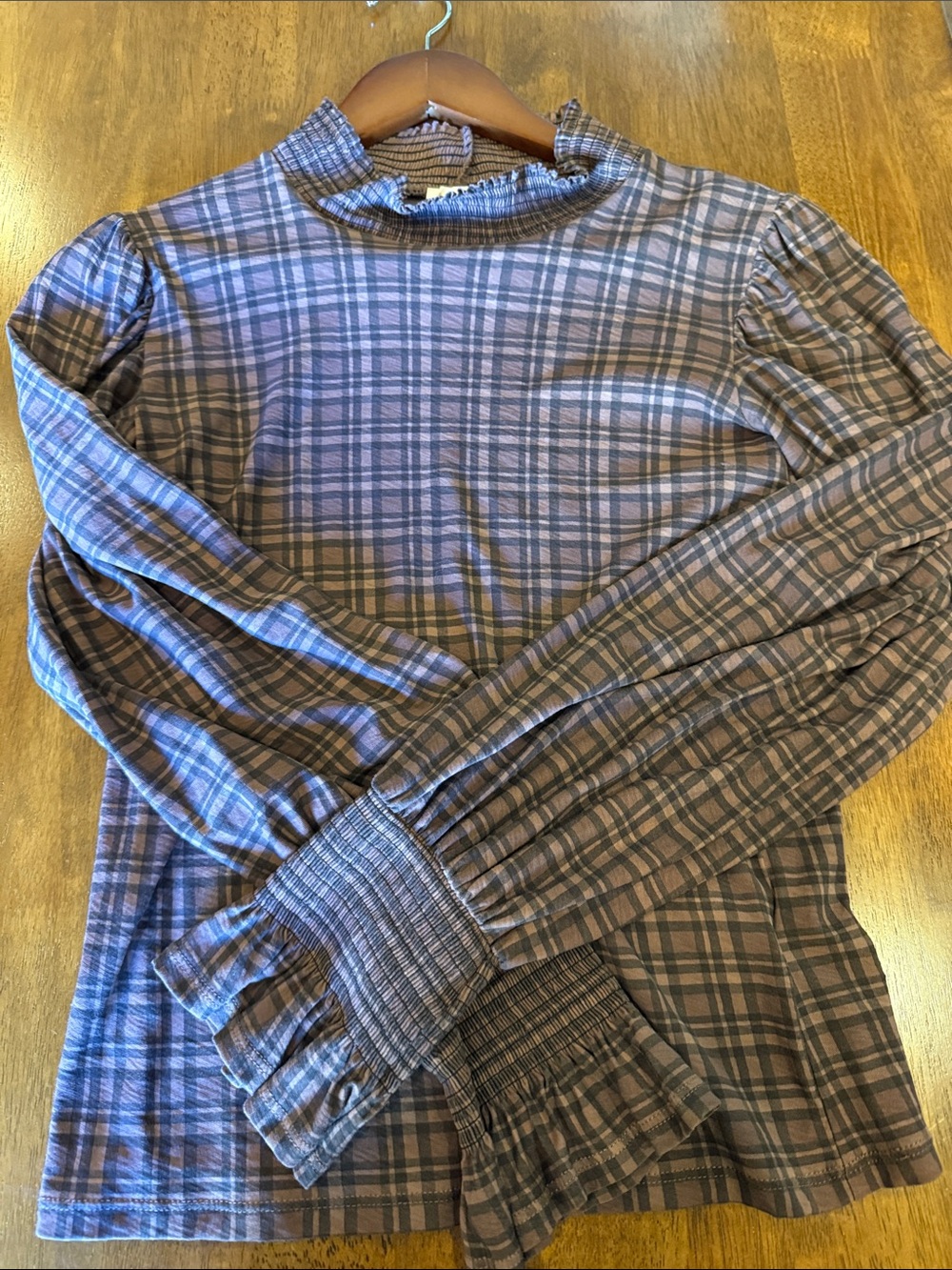 Nation LTD brown/black Plaid Long-Sleeve Ruffle Neck Shirt